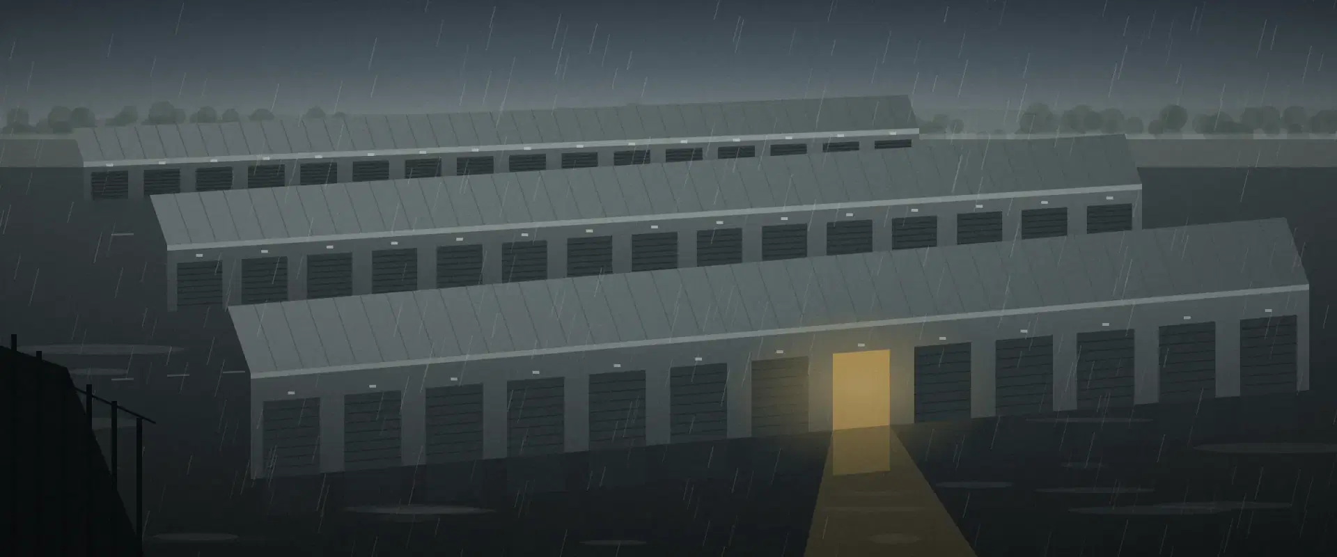 Illustration of a storage facility in rain from above with one roll-up door lit gold among dark ones, for Form 27D