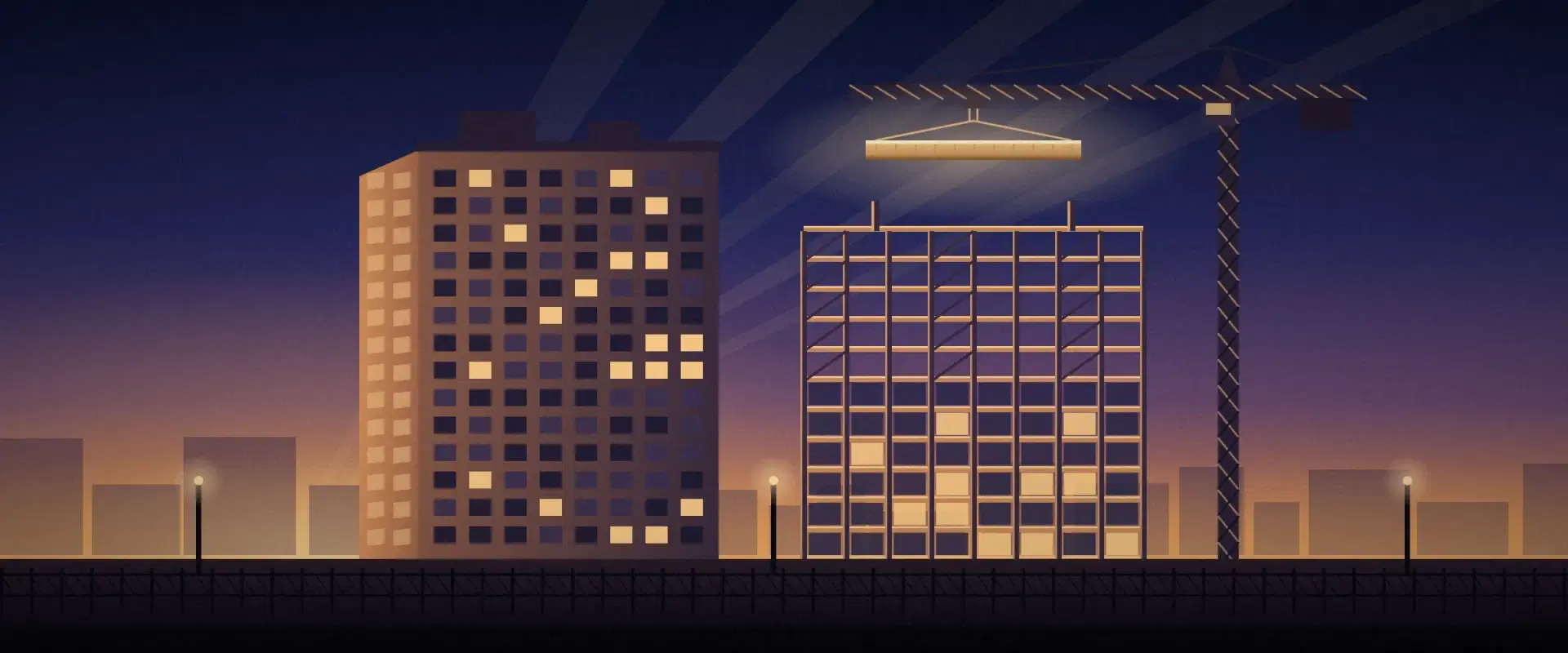 Illustration of a crane lowering a sand beam onto a new building beside a finished tower at sunrise, for Form 67