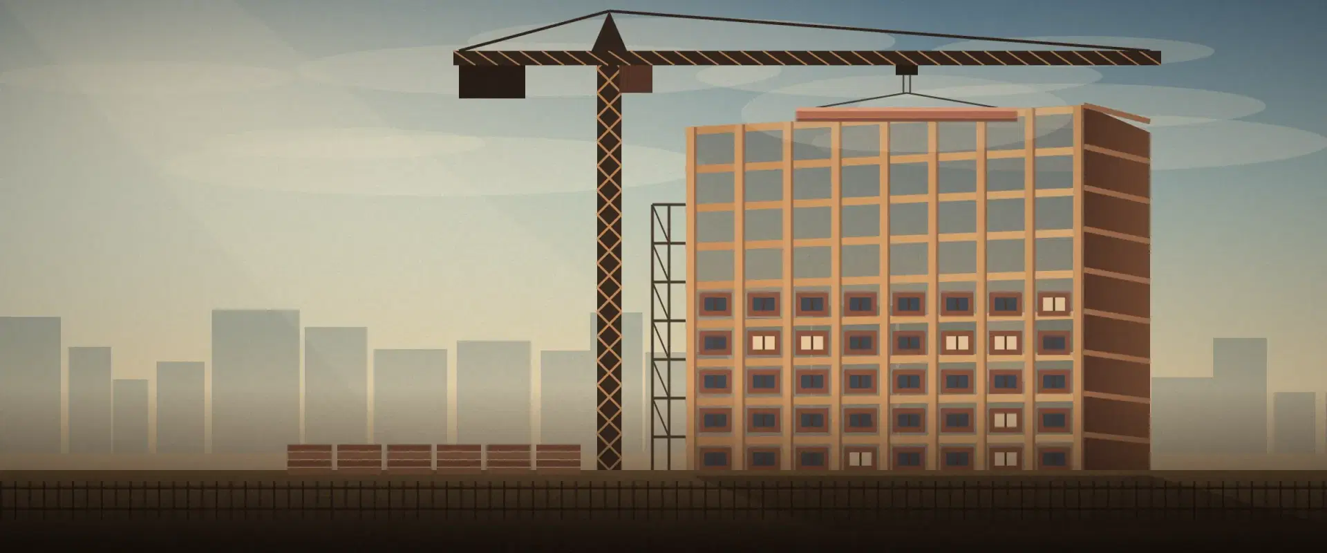 Illustration of a building under construction as a crane lowers a brick beam onto the top floor, for a Form D SEC filing