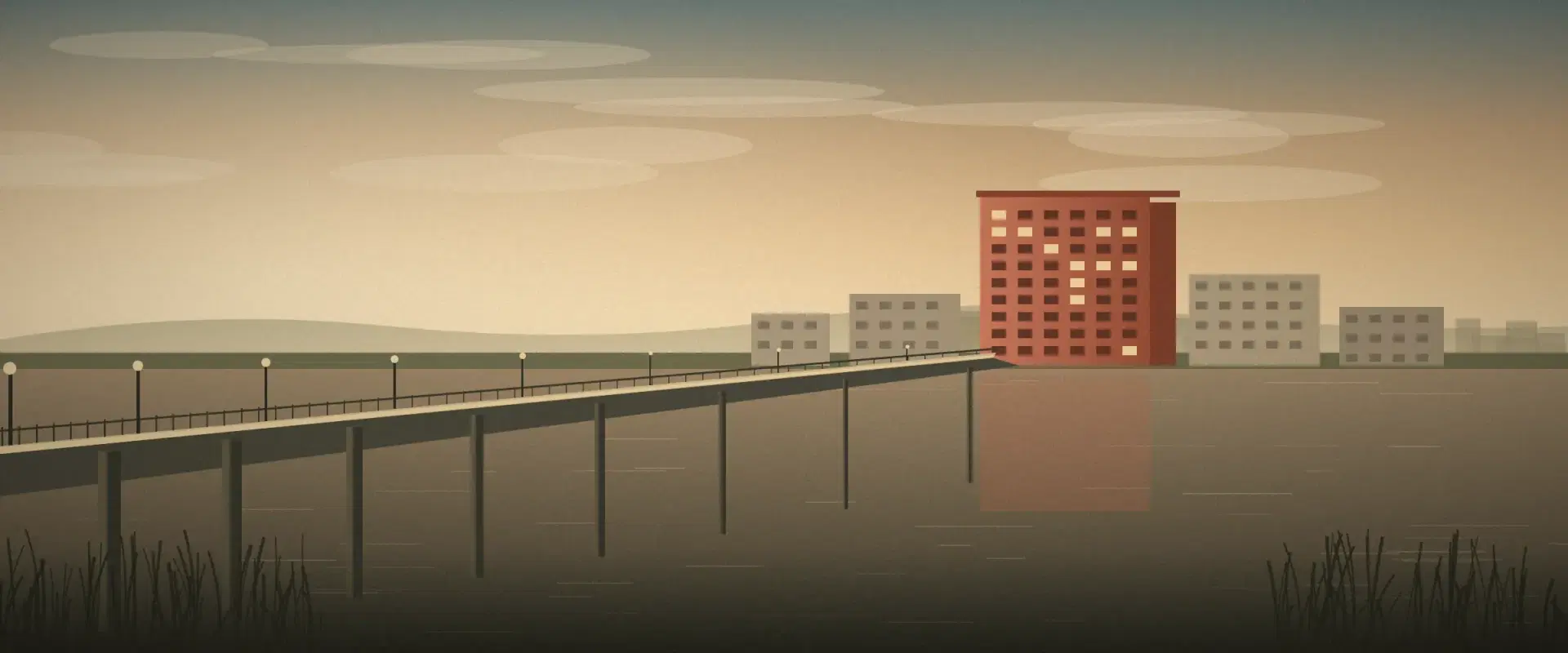 Illustration of a bridge road leading across a river to one brick building in afternoon light, for Form W-8BEN-E