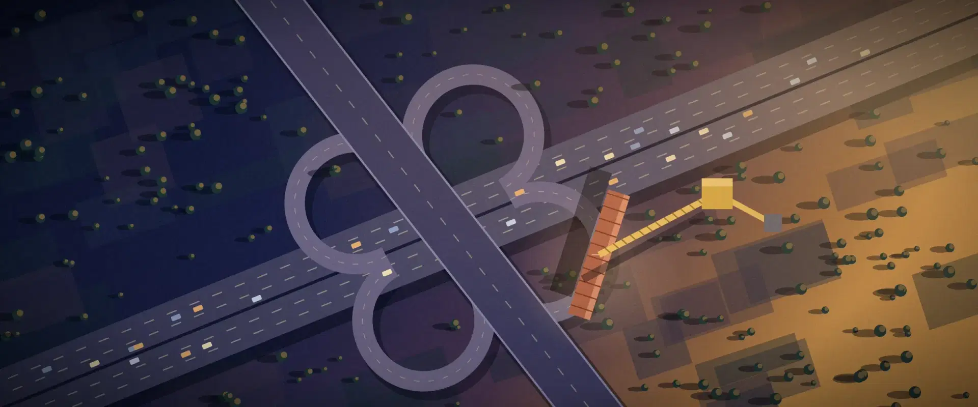 Illustration of a highway interchange from above as a crane lowers a brick span into one ramp, for general solicitation