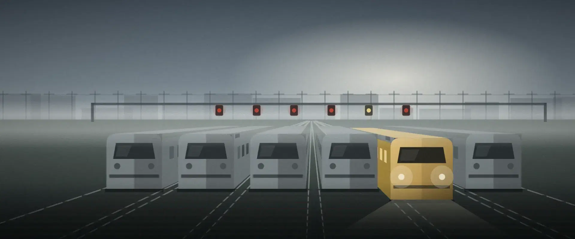 Illustration of a rail yard in fog with grey trains held at red signals and one gold train moving out, for a GIFT City fund