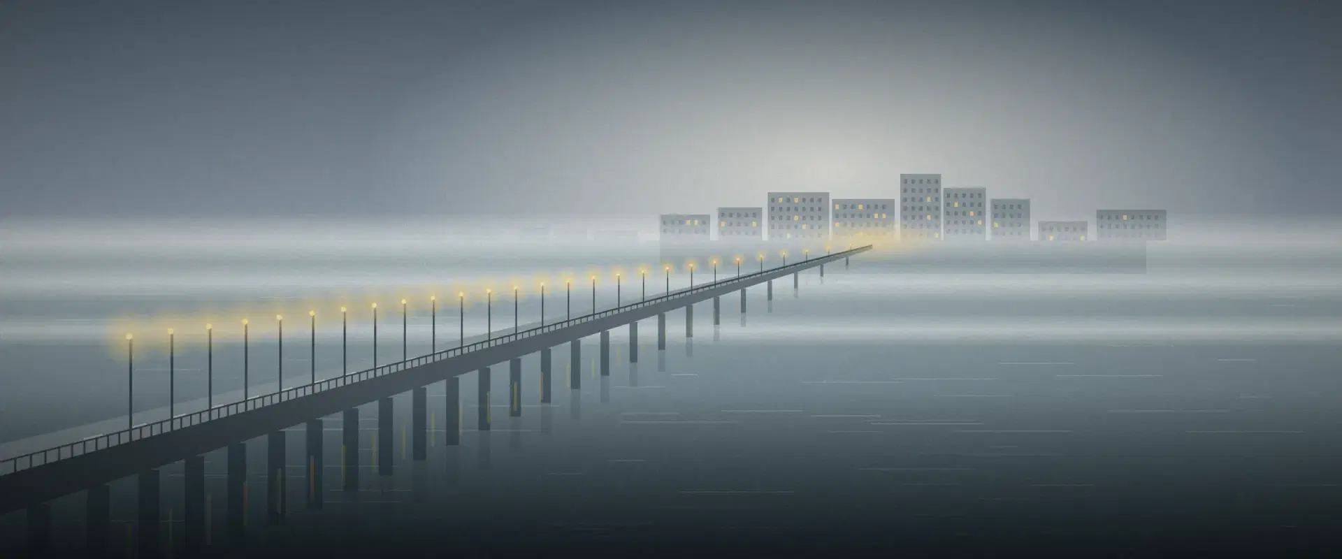 Illustration of a long sea link in fog leading to a low-rise district, its lamps glowing gold, for GIFT City investment