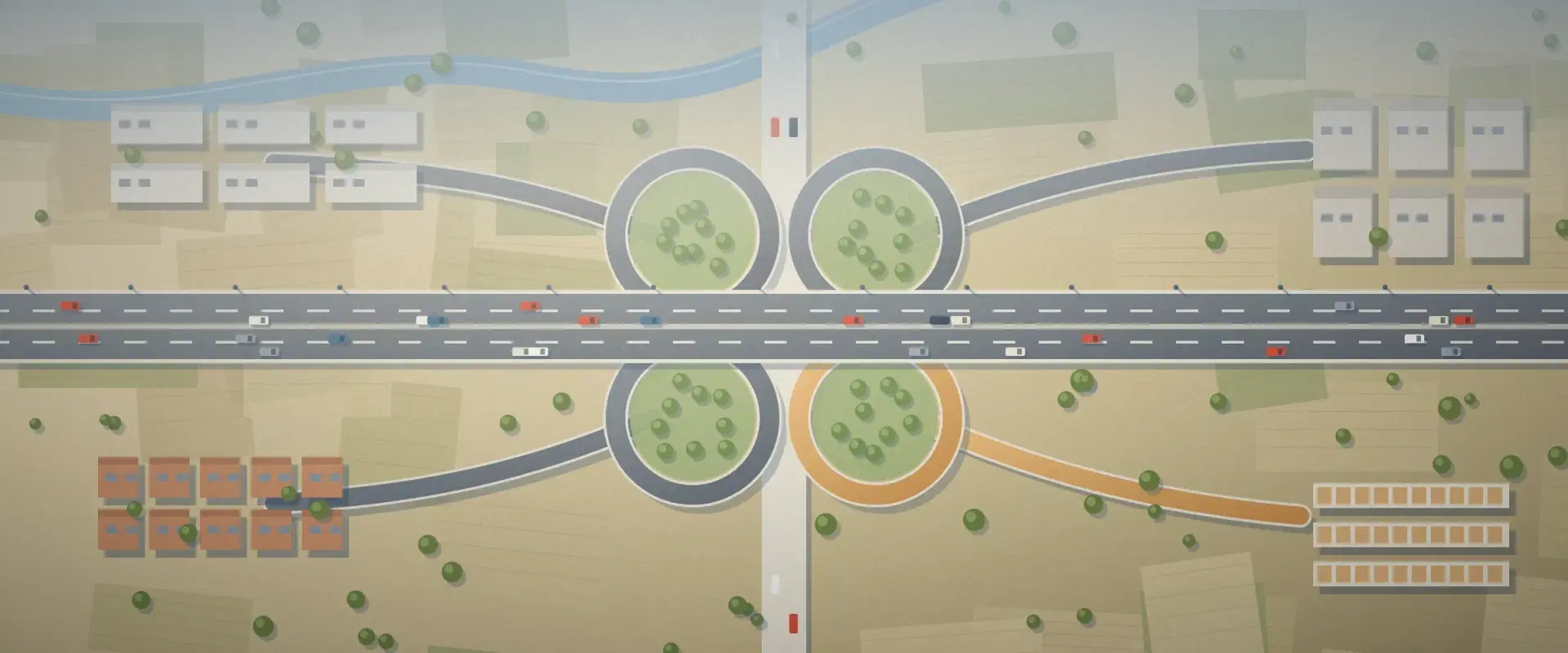 Illustration of a highway interchange from above with one ramp in warm sand leading away, for global investing