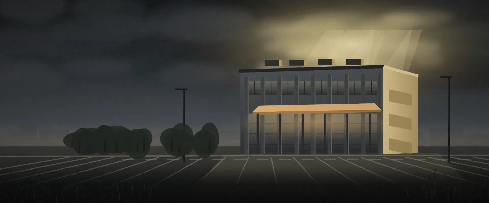 Illustration of storm light breaking through cloud onto a single-tenant commercial building and canopy, for HNI investment