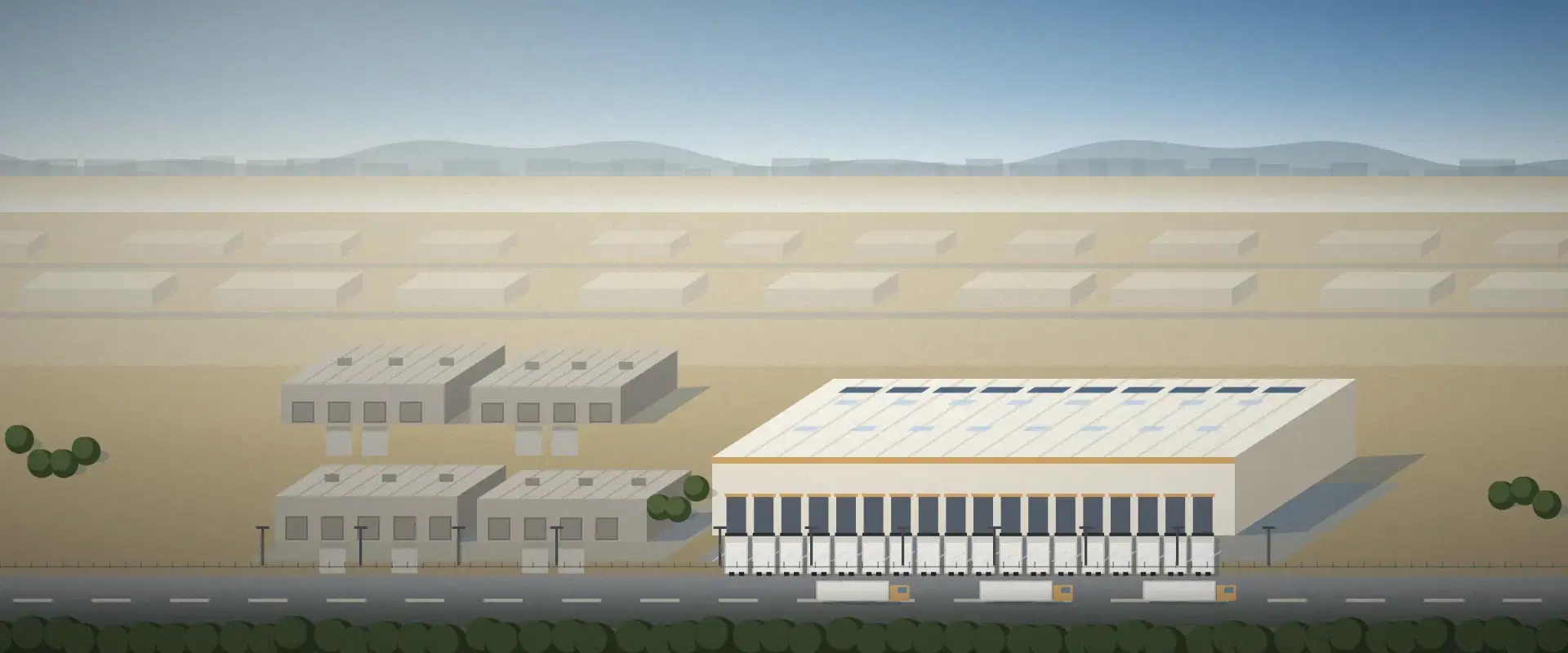 Illustration of a logistics yard at midday with one busy new warehouse beside quiet older ones, for industrial real estate