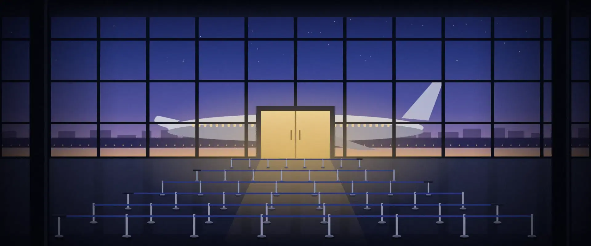Illustration of an empty departure hall at blue hour with queue lanes leading to one closed gold lit gate, for ETF premiums