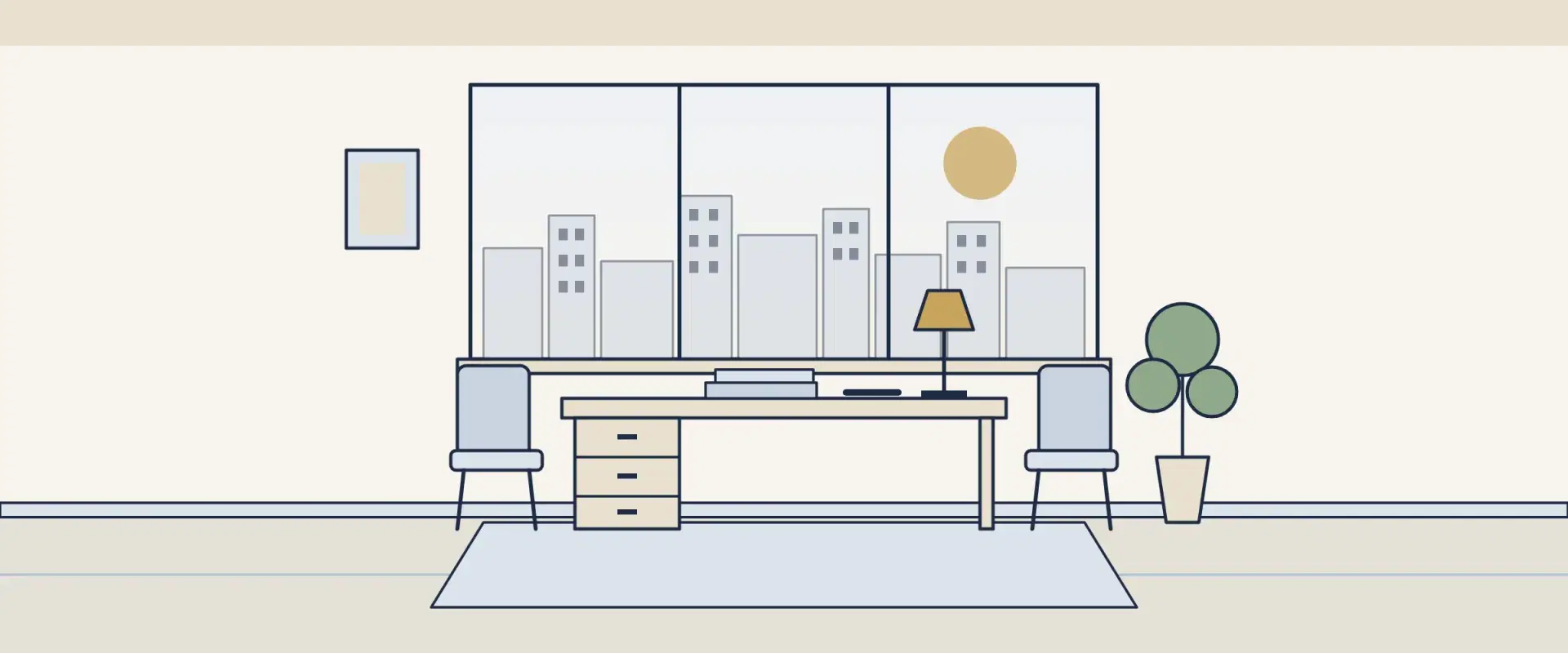 Illustration of a quiet advisory office with a desk, folders and a city window, for a guide to international mutual funds