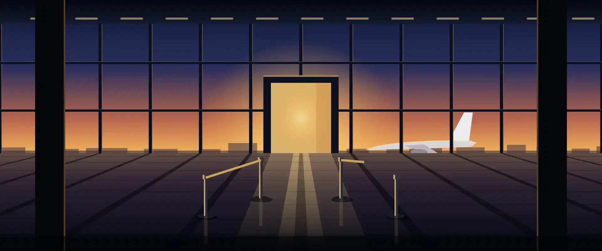 Illustration of an airport departure hall at sunrise with a queue barrier half drawn, for international mutual funds