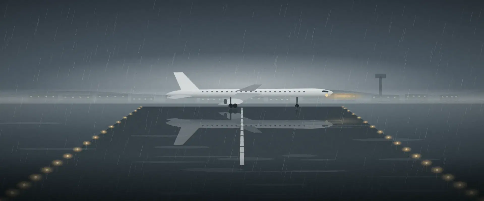 Illustration of an aircraft on a wet runway in rain, doubled in the tarmac, for investing globally from India