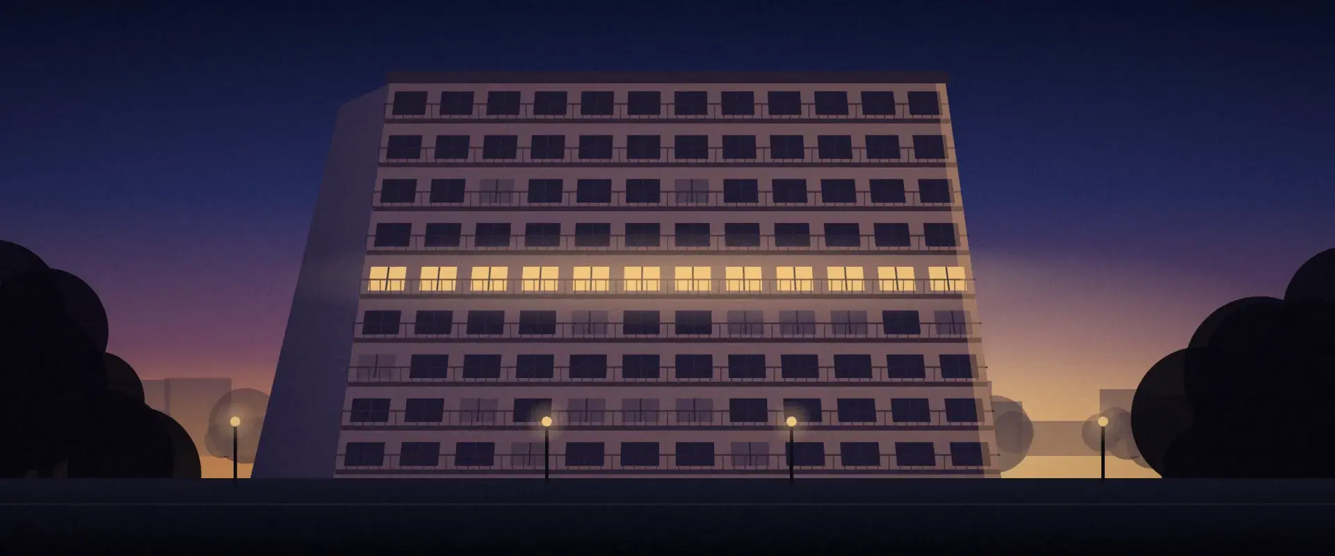 Illustration of an apartment building at dusk seen from below with one floor lit warm, for U.S. stocks and real estate