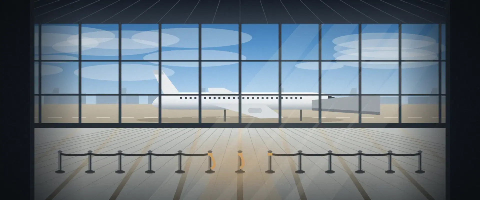 Illustration of a departure hall at midday with one sand barrier belt drawn back to open a gap, for how to invest overseas