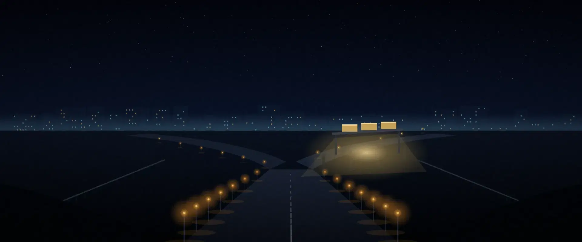 Illustration of a highway fork at night with one gold-lit gantry over the right ramp, for the k1 form choice