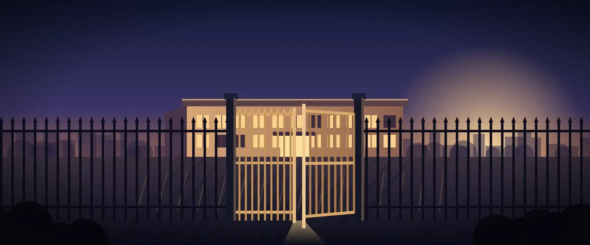 Illustration of a commercial building at dusk behind a tall gate barely ajar, for liquidity in real estate investment