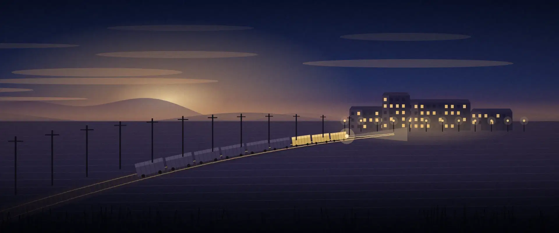 Illustration of a freight train at dusk on a rail line curving home to a lit depot, gold cars leading, for LRS repatriation