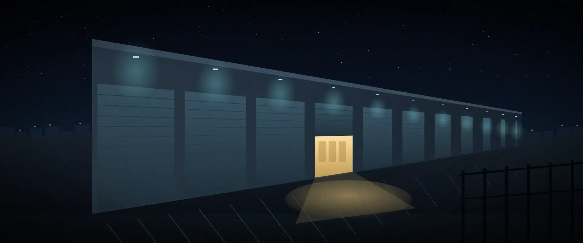 Illustration of a storage facility at night with one roll-up door half raised and lit gold, for net lease and self-storage