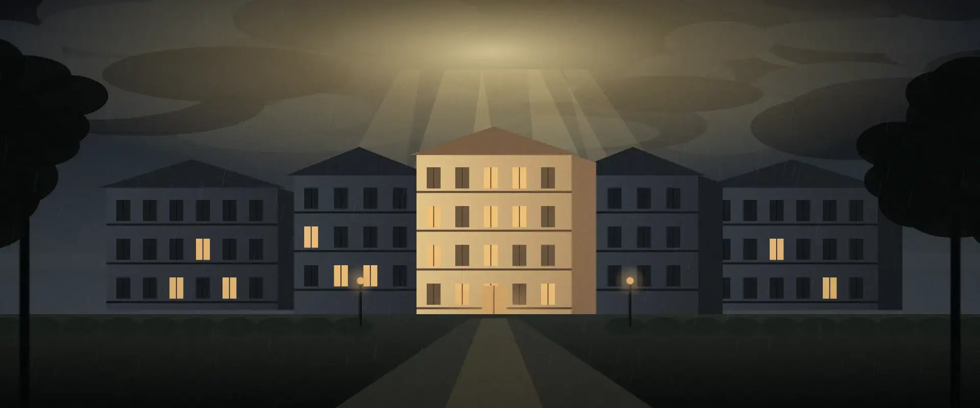 Illustration of apartments under storm cloud with a break of gold light on one building, for net operating income