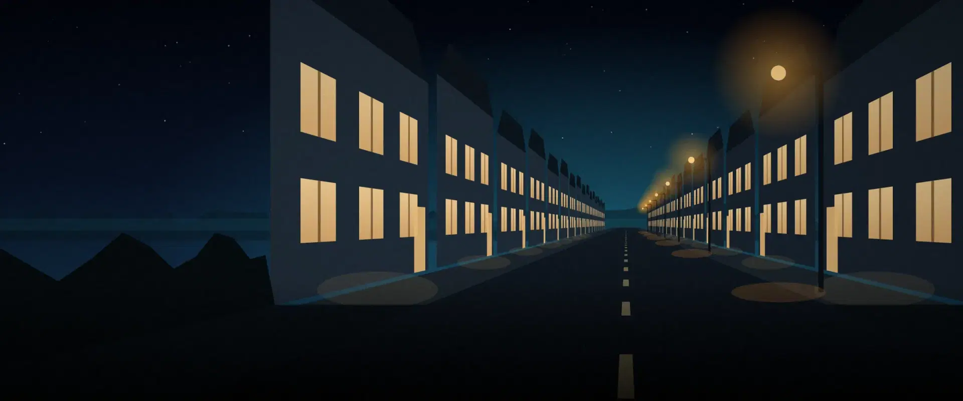 Illustration of a rental street at night seen down its centre with a long sequence of lit windows, for occupancy rate