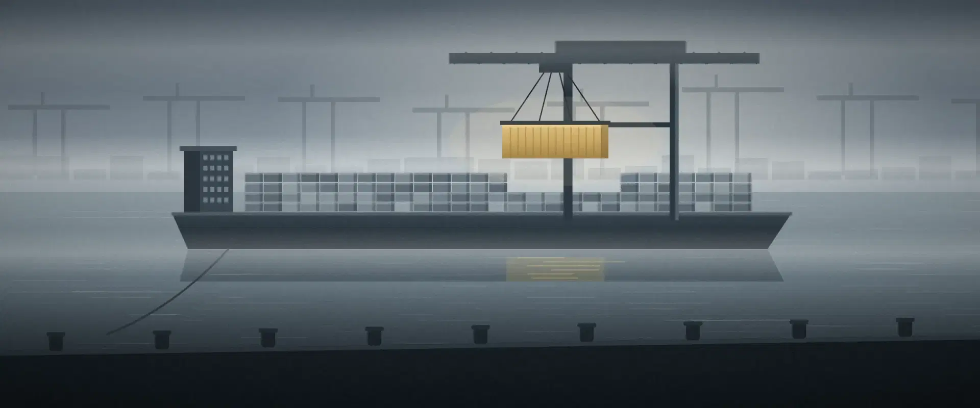 Illustration of a foggy port where a crane lifts one gold container apart from rows of grey ones, for overseas investment