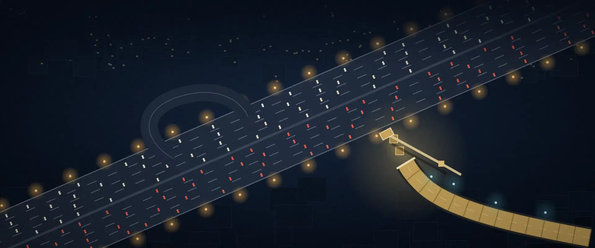 Illustration of a highway interchange at night from above with a gold ramp still being built, for PMS overseas investment