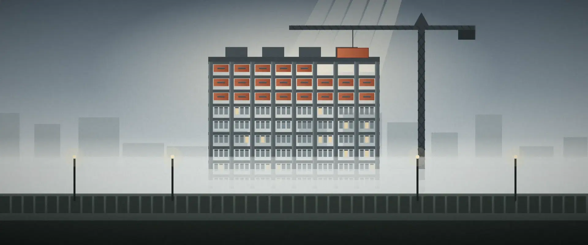 Illustration of fog lifting off a building under construction to reveal brick top floors, for a private placement memorandum