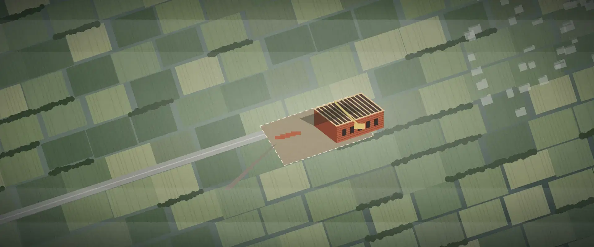 Illustration of overcast farmland from above with one small brick building rising in a staked plot, for opportunity zones