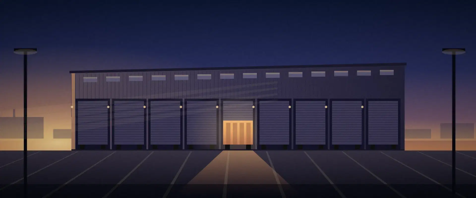 Illustration of a warehouse at sunrise with one dock door half raised and lit brick red, for Indian investor raises