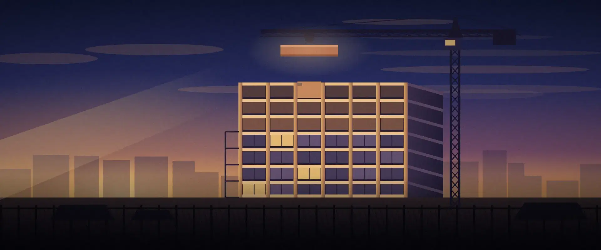 Illustration of a crane lowering a brick beam into a building frame at golden hour, to raise capital from Singapore investors