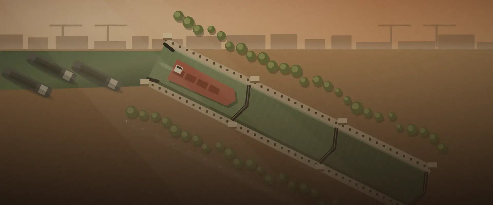 Illustration of a harbour lock from above with a brick barge through the first open gate, to raise capital from UAE investors