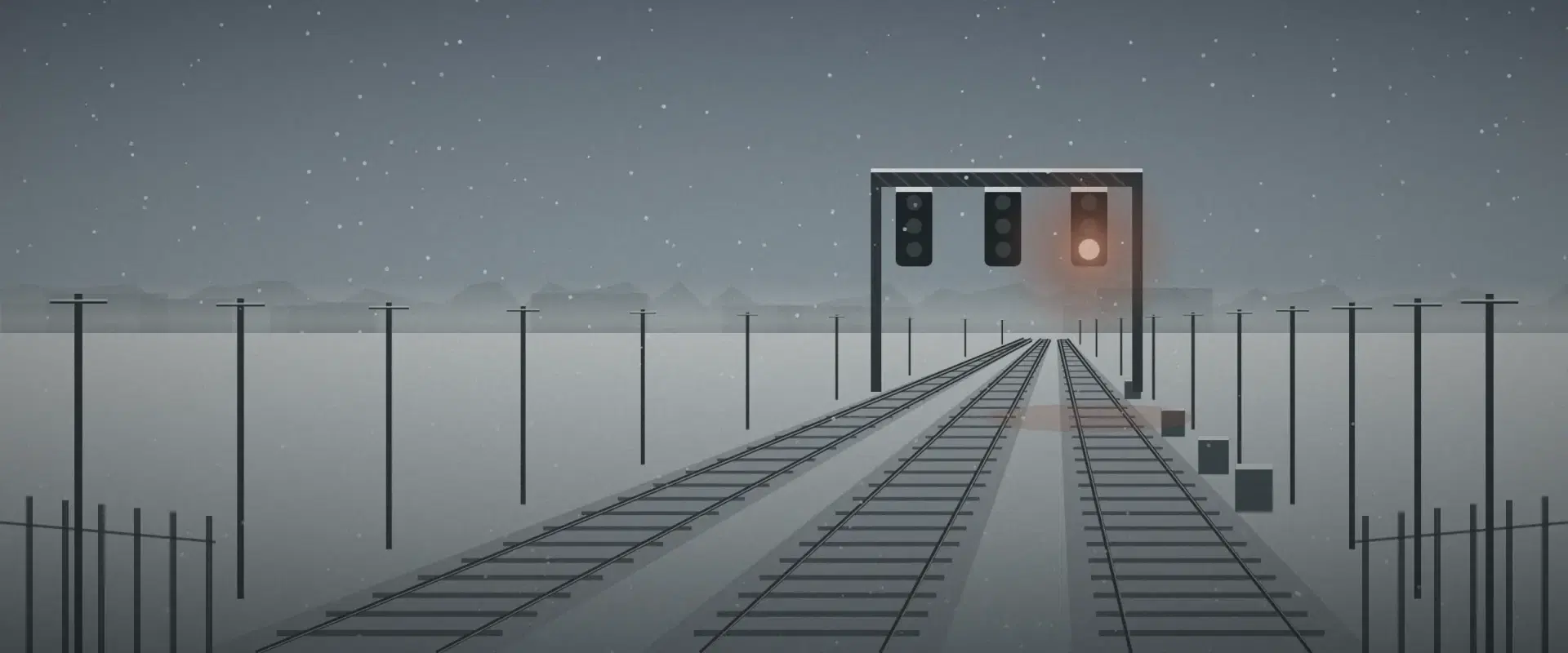Illustration of snowy rail tracks leading to a signal gantry with one brick red lamp lit, to raise capital from UK investors