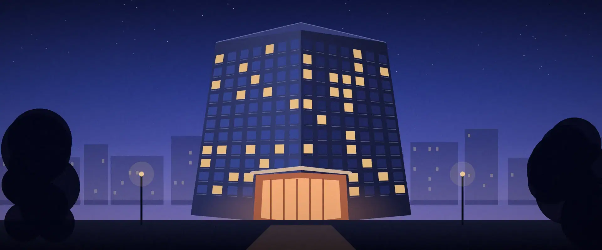 Illustration of an apartment tower at blue hour seen from below with one brick lobby lit warm, for family office raises