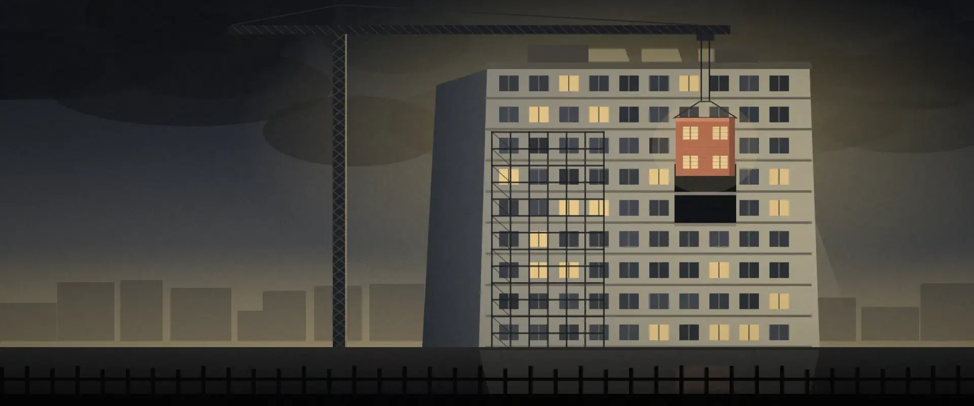 Illustration of a crane in storm light lowering a brick panel into the one missing bay of a building, for a capital call
