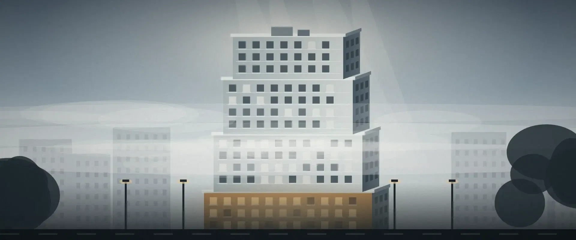 Illustration of a stepped apartment tower with fog lifting off its tiers and a warm lit base, for a real estate capital stack