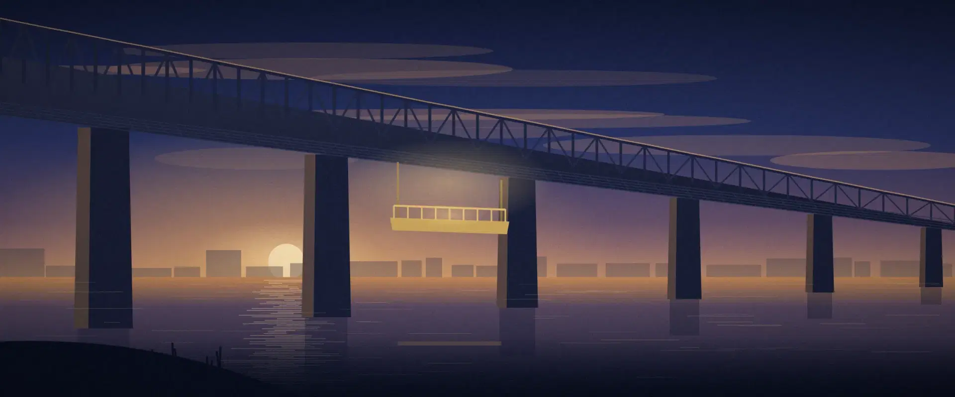 Illustration of a bridge at sunrise from below with a gold inspection cradle under one span, for real estate due diligence