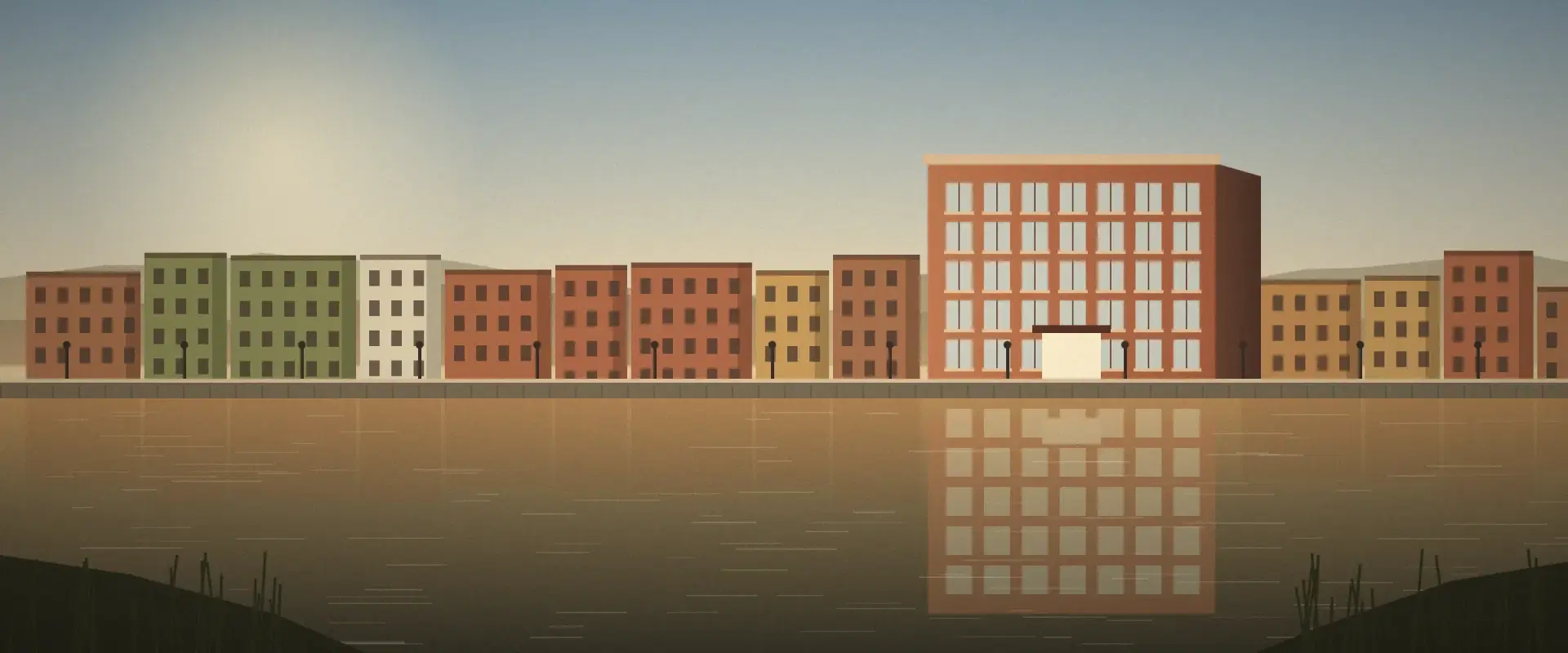 Illustration of a riverfront brick office in afternoon light mirrored in still water, for real estate investor reporting