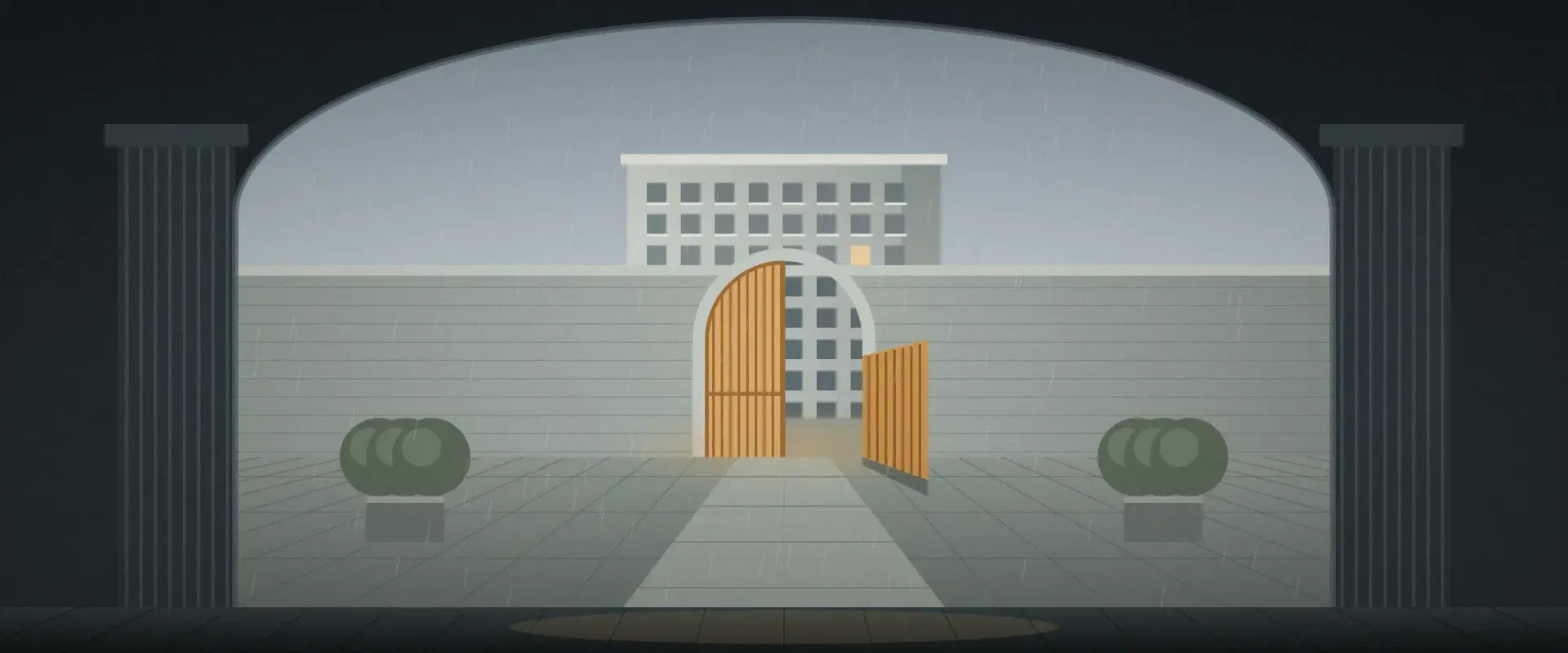 Illustration of a building seen through two arches in the rain, its inner gate half open in sand, for a real estate SPV