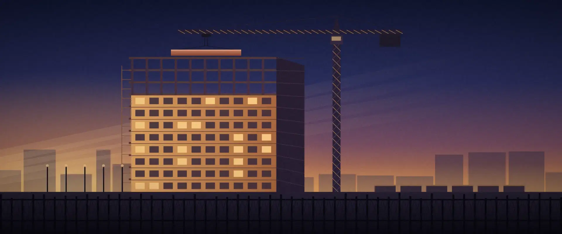 Illustration of a building site at golden hour, a crane lowering a brick beam onto one frame, for syndication vs fund