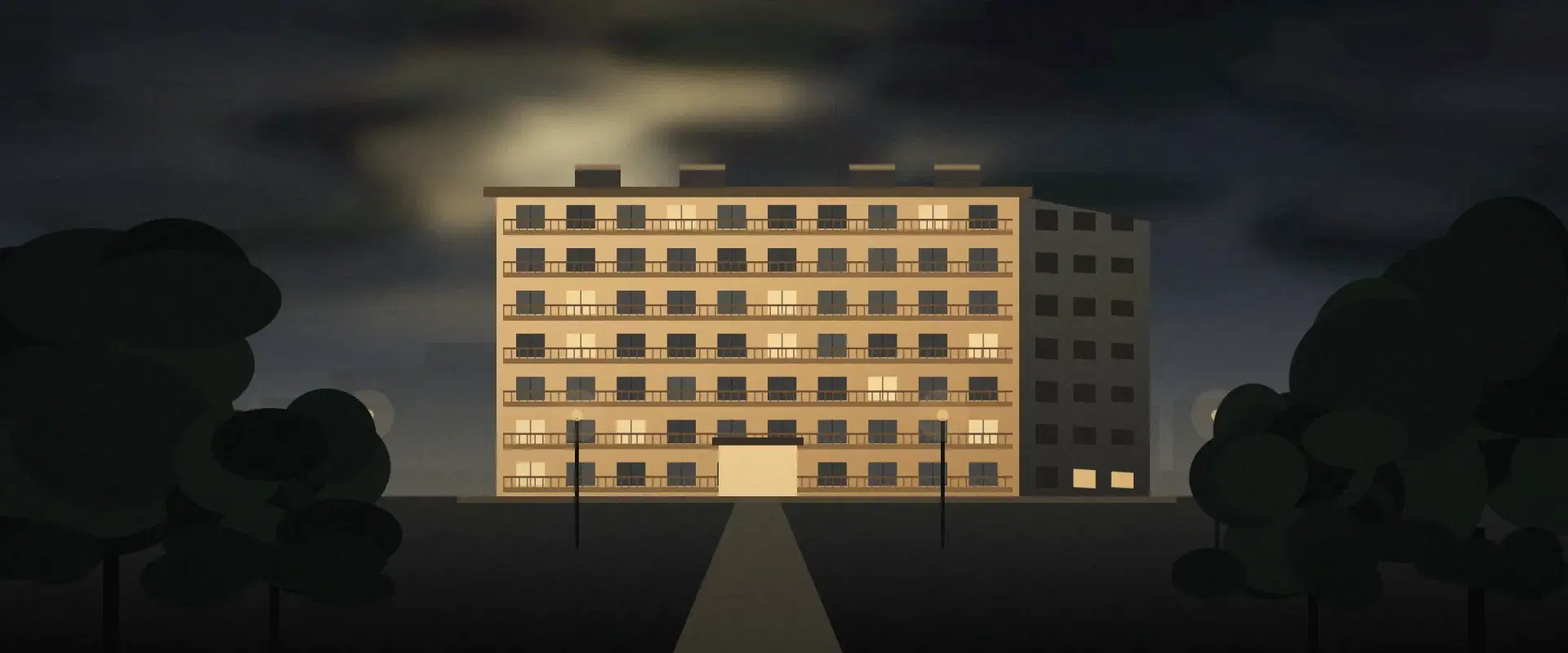 Illustration of an apartment block in storm light, a break in dark cloud lighting its face, for refinancing risk