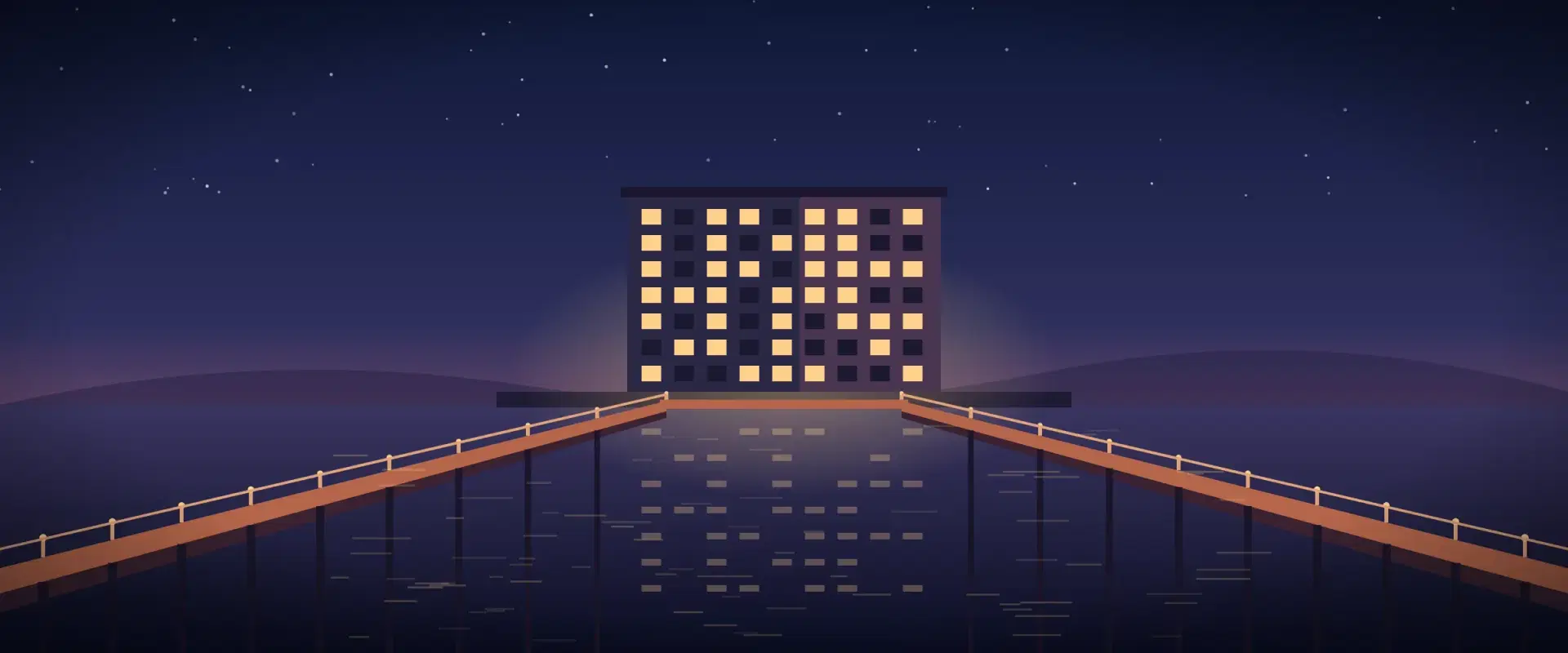 Illustration of two bridges converging on one lit building across water at dusk, for Regulation S vs Regulation D