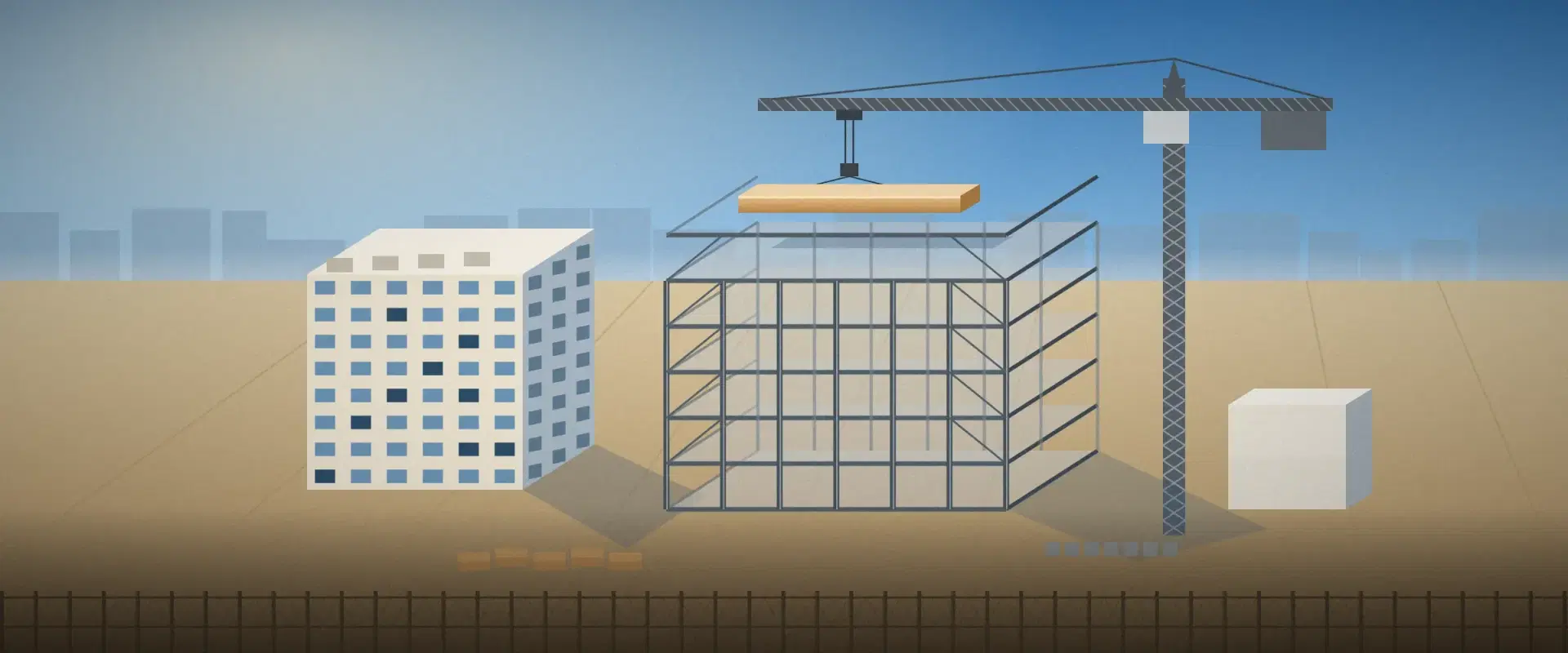 Illustration of a construction site at midday from above with a crane lowering a sand beam, for replacement cost