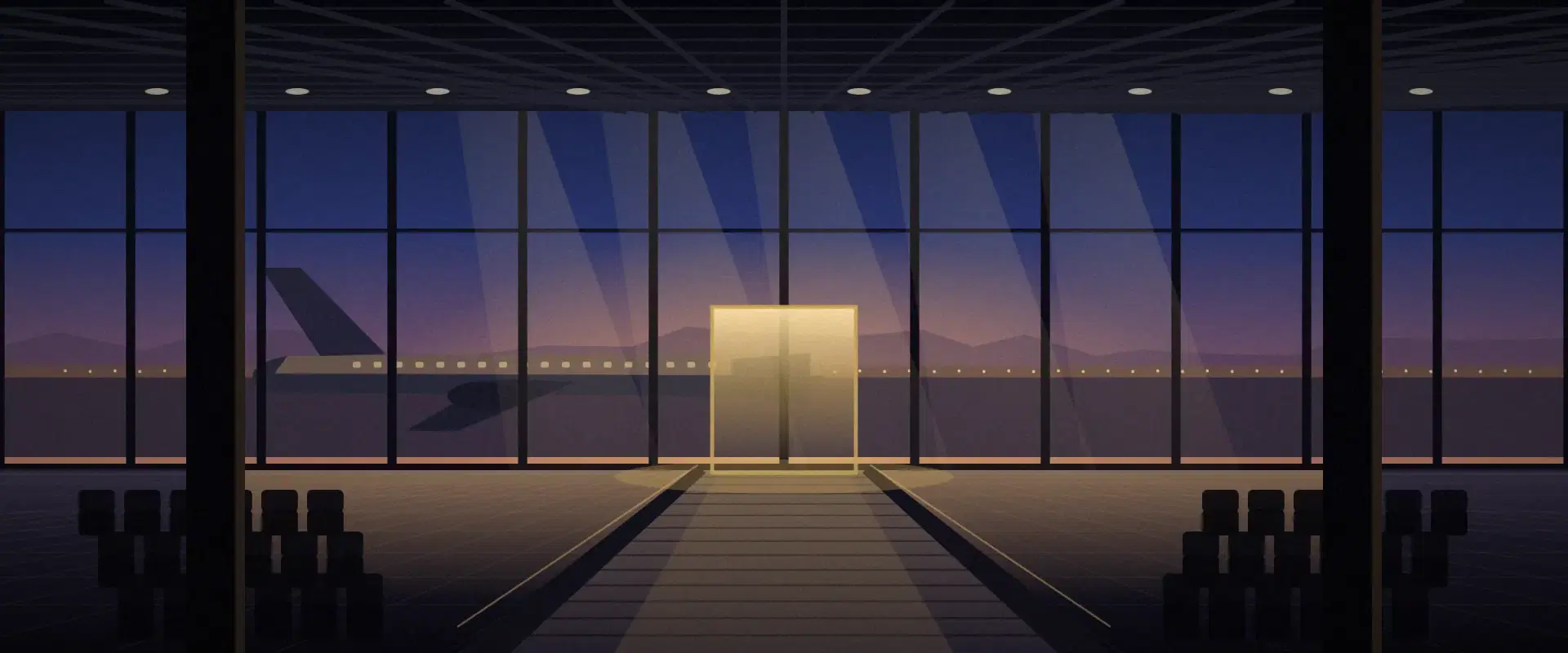 Illustration of an airport concourse at sunrise from inside, a walkway path leading to one gold lit doorway, for RNOR status