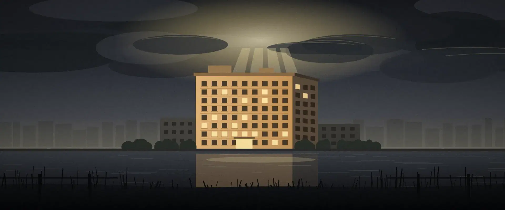 Illustration of an apartment block across a river lit by a break in storm clouds, for rupee depreciation