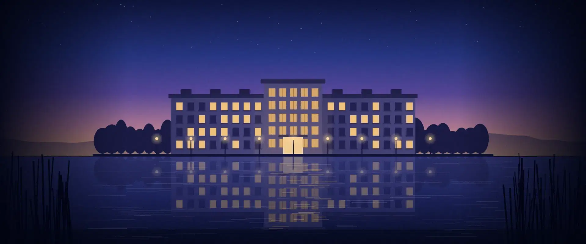 Illustration of apartments at blue hour mirrored in a still lake, the lit central tower doubled exactly, for Schedule FA