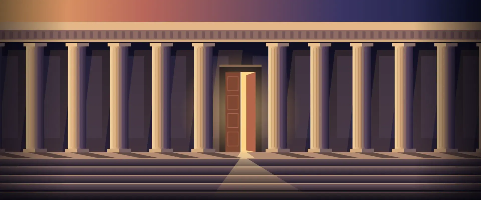 Illustration of a stone colonnade at sunrise with a heavy door ajar, for the SEC accredited investor proposal