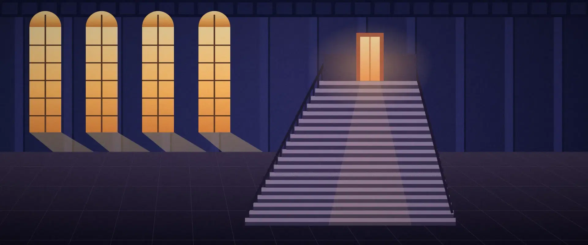 Illustration of a vast hall staircase in golden light rising to one small lit brick doorway, for SEC exam priorities