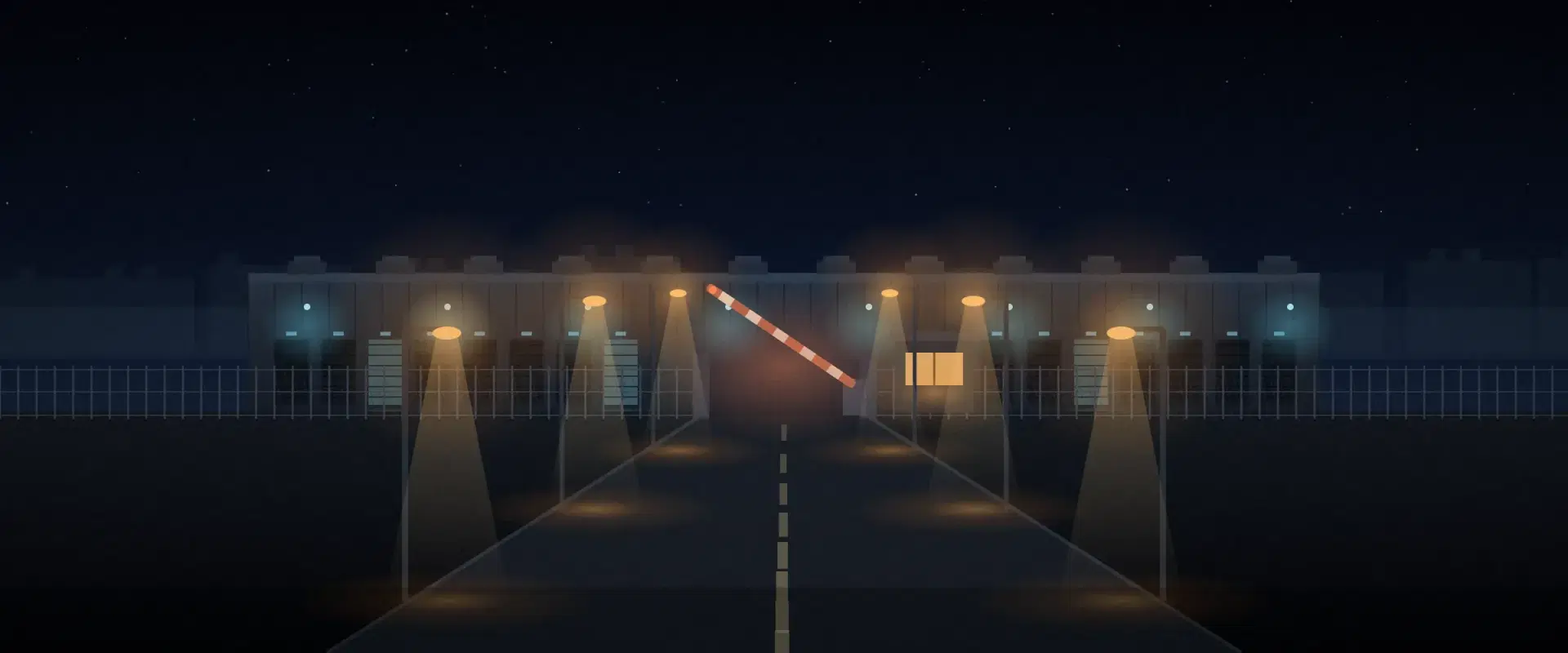 Illustration of a logistics yard gate at night with its brick red barrier half raised, for a subscription agreement