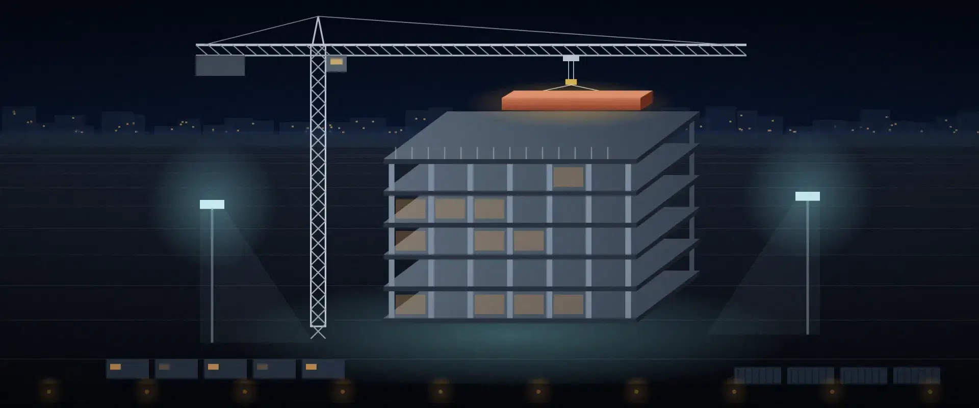 Illustration of a building frame at night with a crane placing a brick red beam on top, for tax treaty dividend withholding