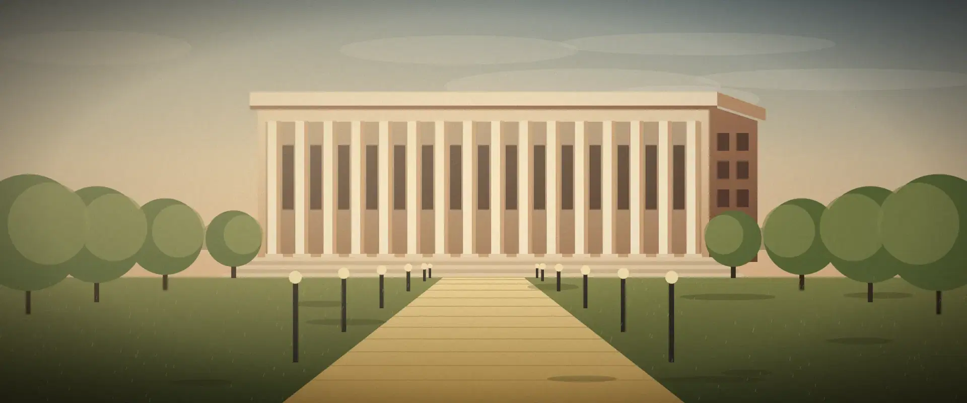 Illustration of a campus hall in afternoon light with a gold walkway leading to it, for TCS on education remittance