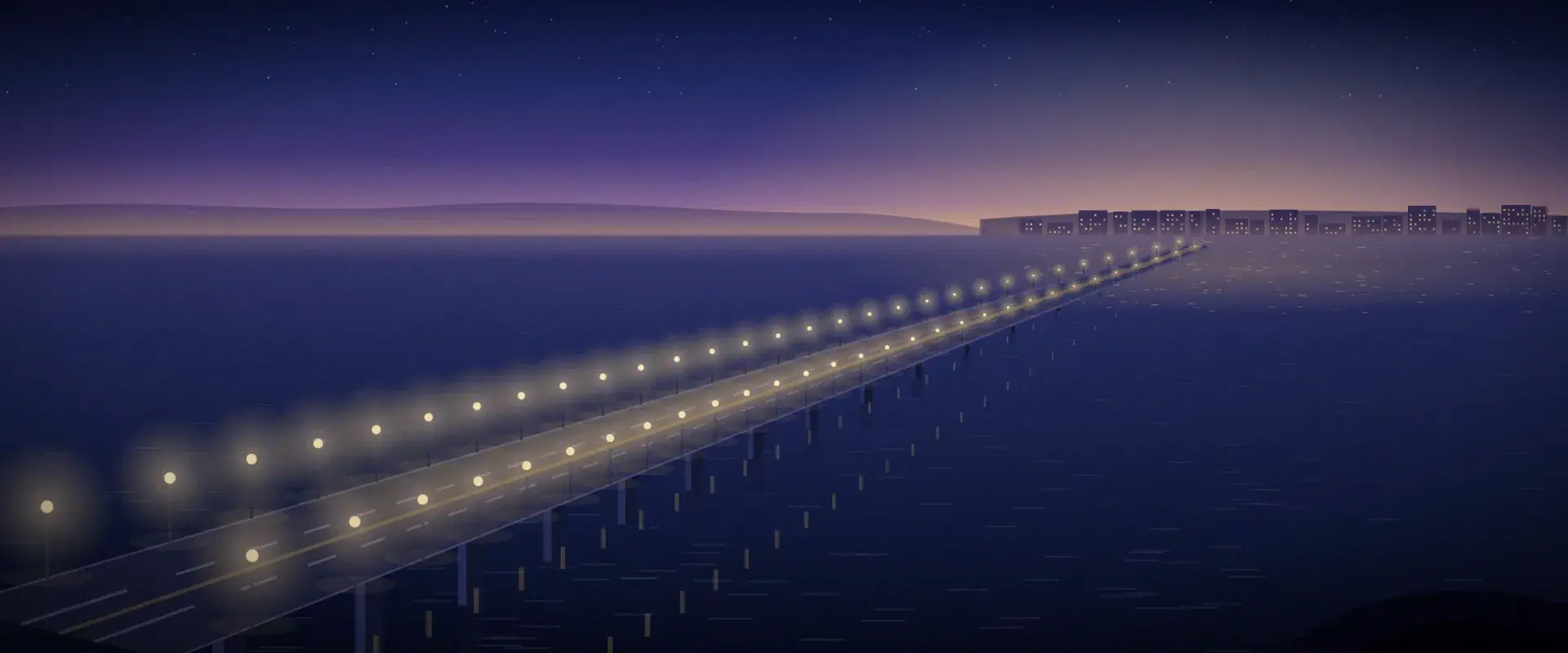 Illustration of a sea bridge at blue hour from above with a path of gold lamps to a far shore, for TCS on foreign travel