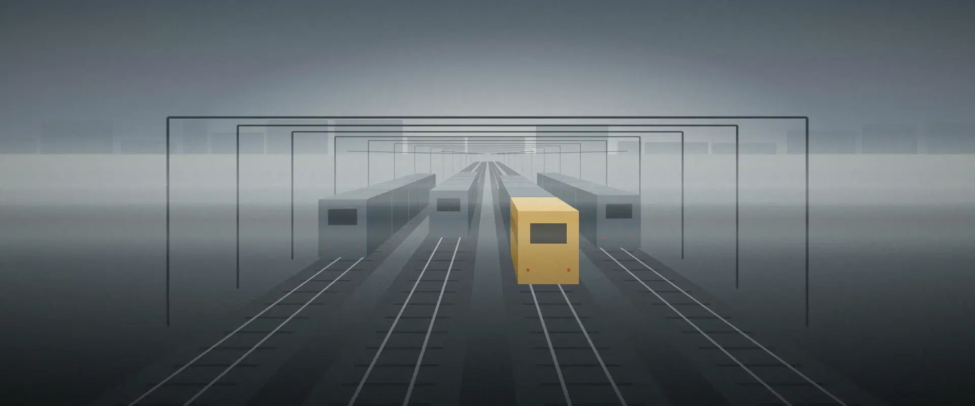 Illustration of four trains in sequence on separate rail lines in fog, one muted gold, for TCS on LRS family planning